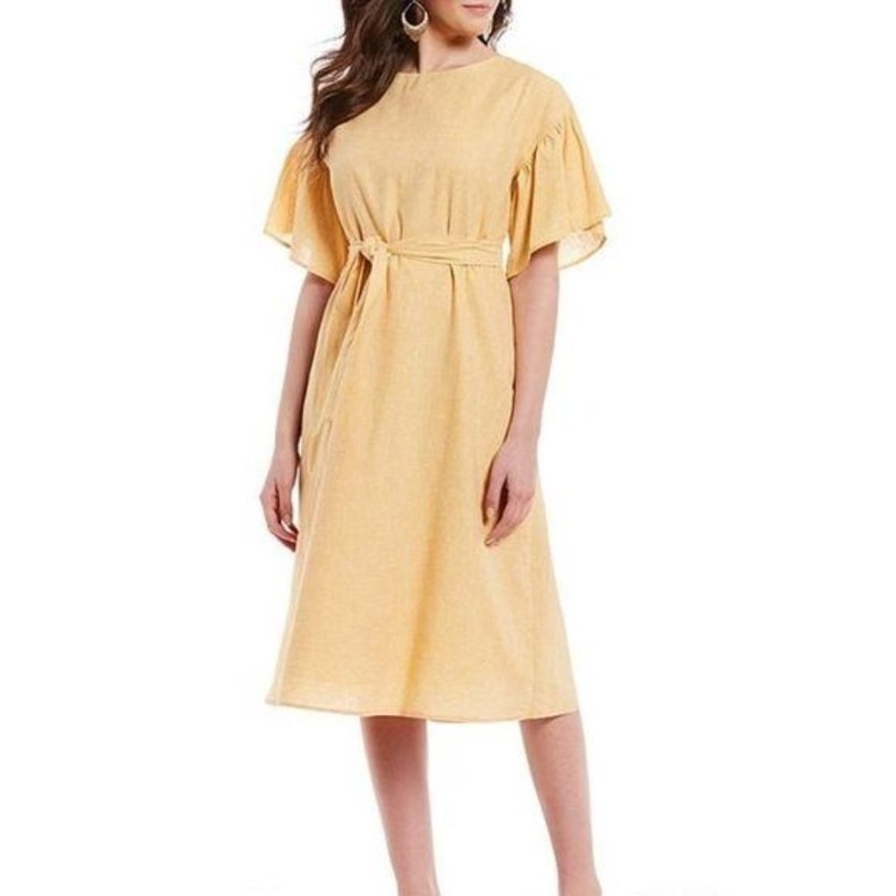 Cremieux Natalia Spring Horizon Gold Ivory Stripe Ruffle Sleeve Midi Dress Small